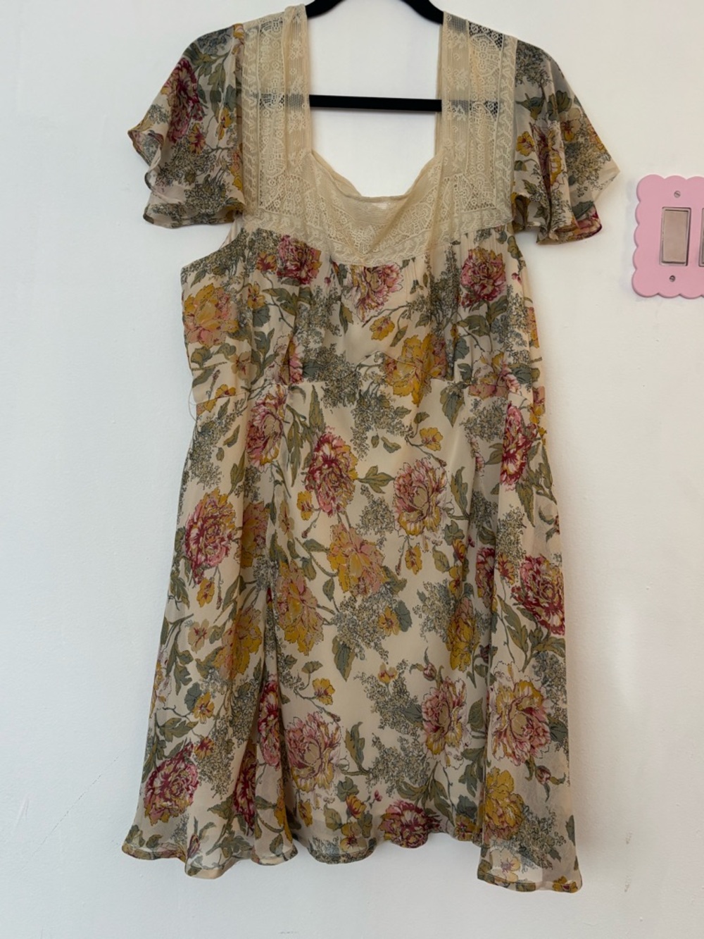 ASOS Cream Floral Lace-Trim Chiffon Dress with Pink & Yellow Blooms